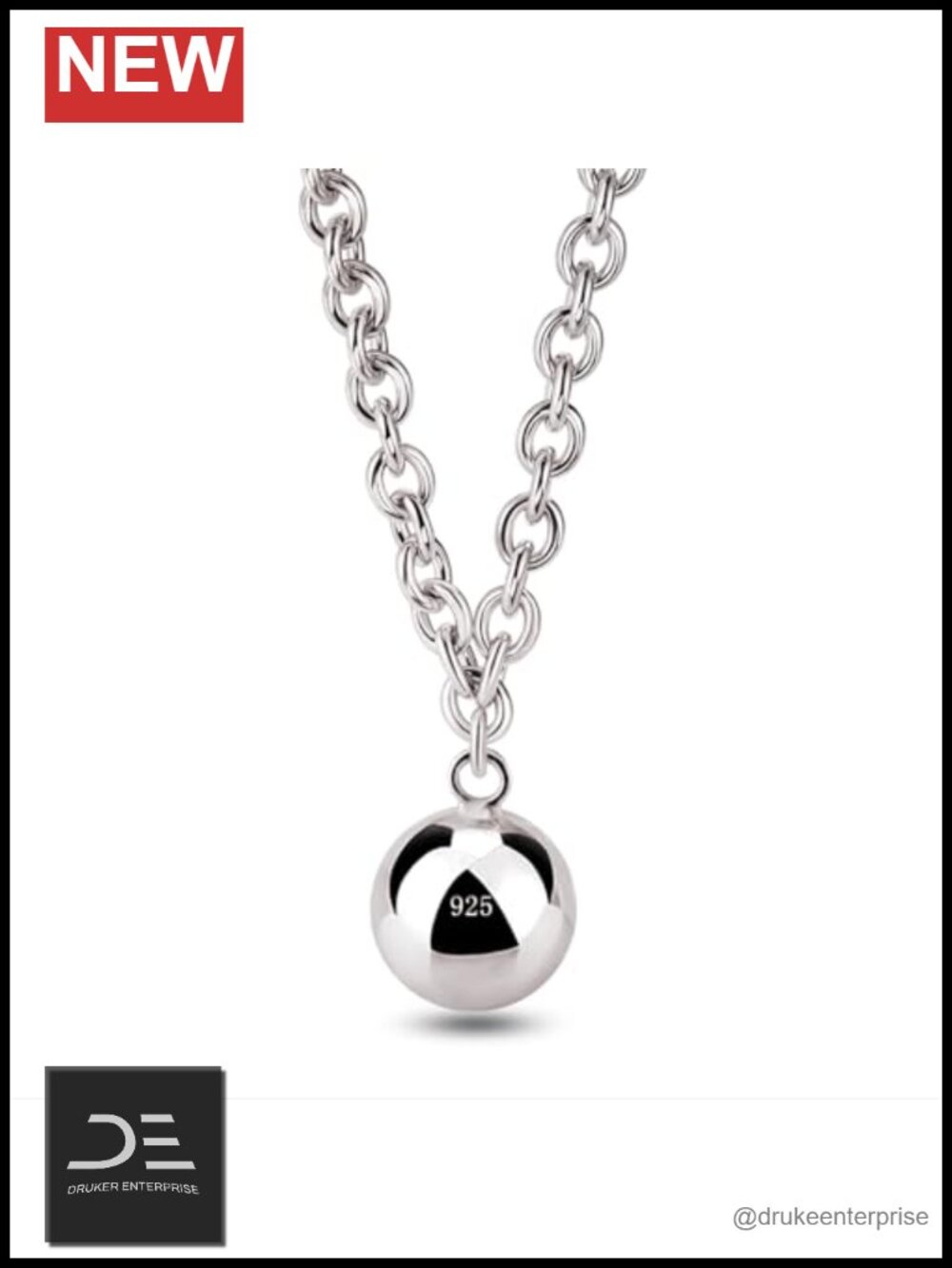 925 Sterling Silver Cable Chain Necklace Bell Pendant 17 inch